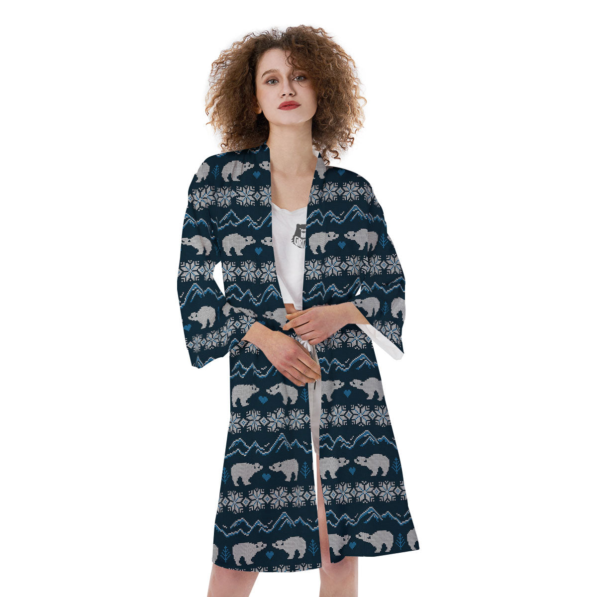 Knitted Polar Bear Print Pattern Kimono-grizzshop