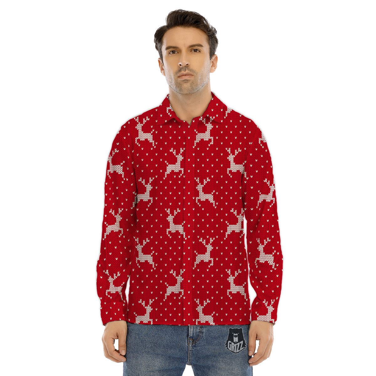 Knitted Polar Bear Print Pattern Men's Dress Shirts-grizzshop