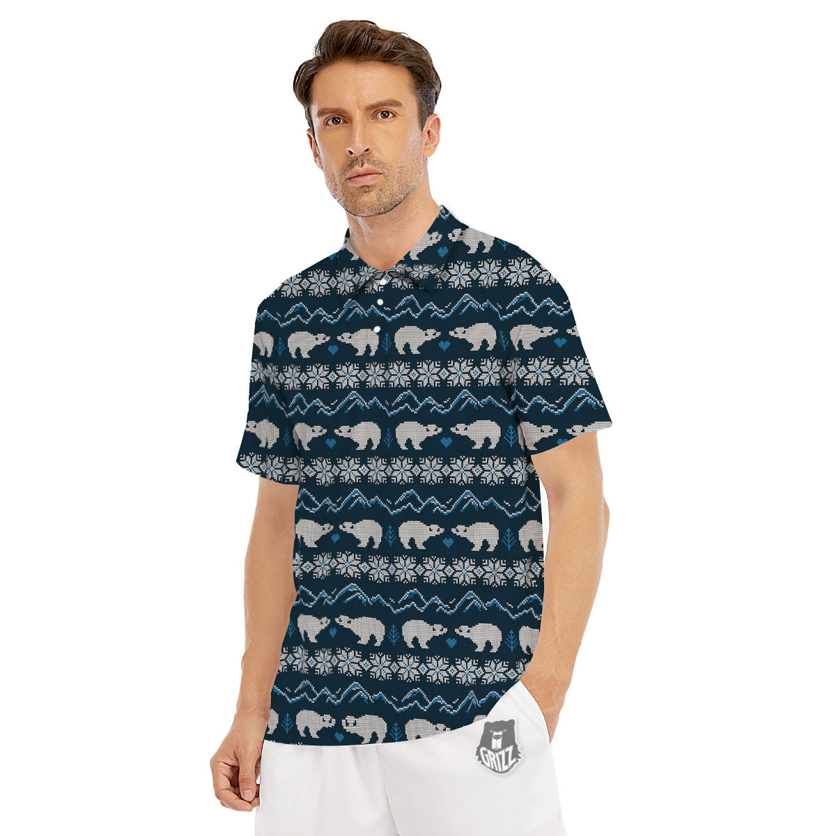 Knitted Polar Bear Print Pattern Men's Golf Shirts-grizzshop