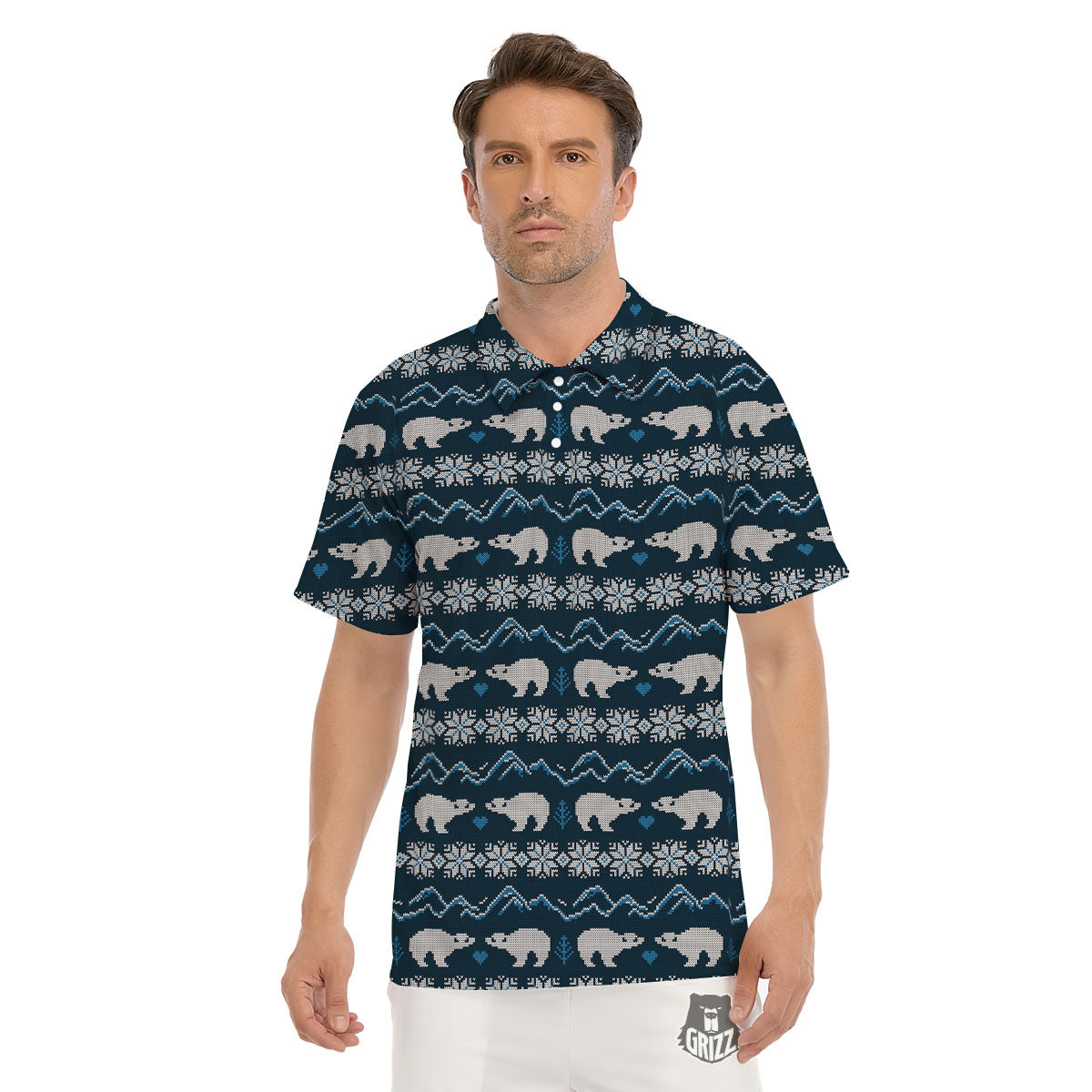 Knitted Polar Bear Print Pattern Men's Golf Shirts-grizzshop