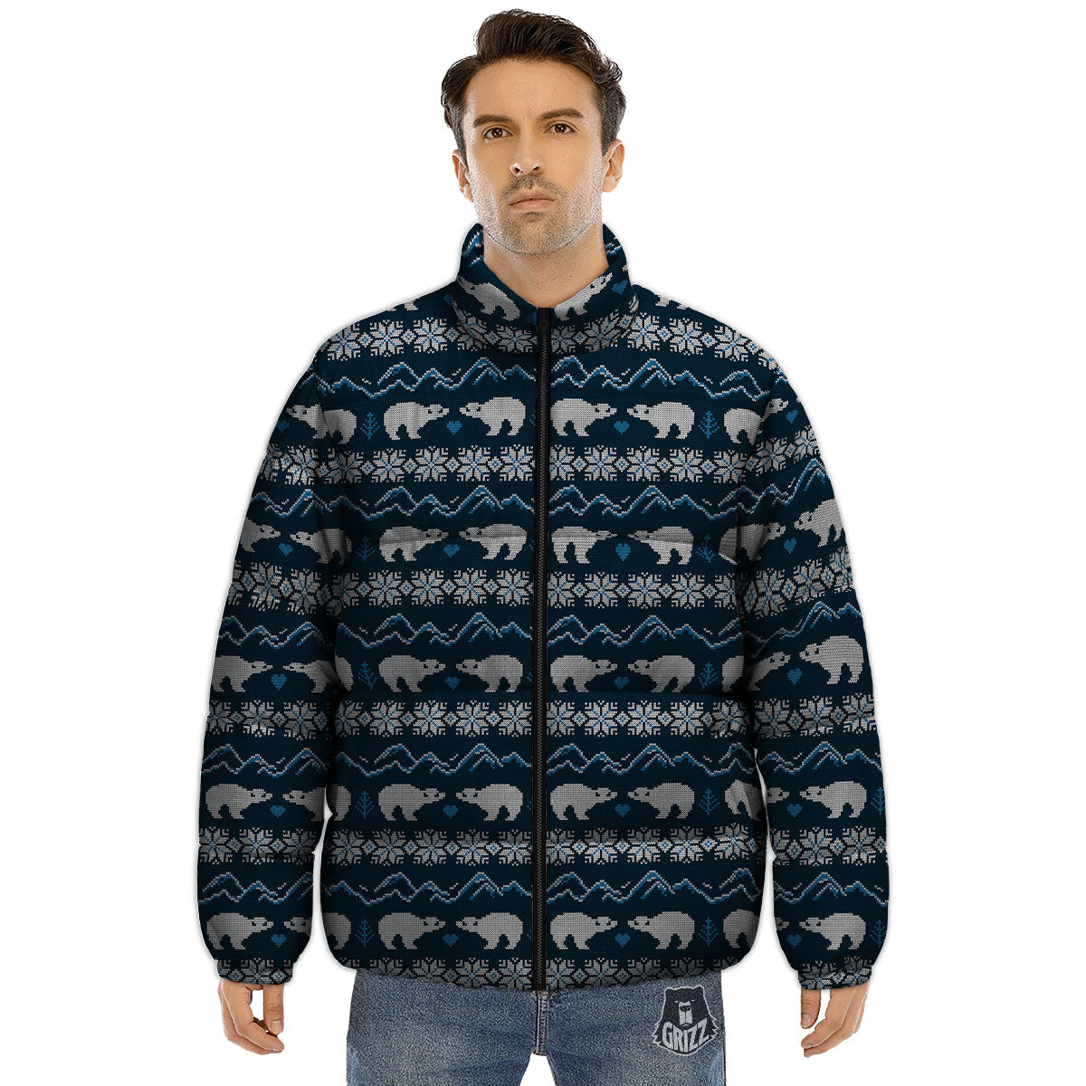 Knitted Polar Bear Print Pattern Puffer Jacket-grizzshop