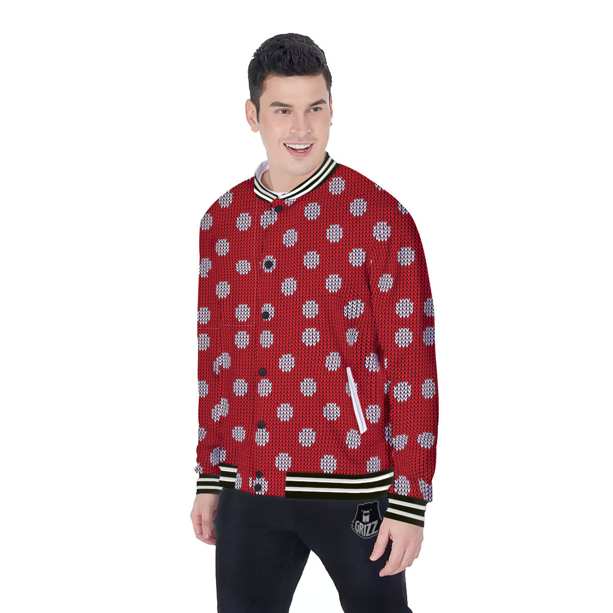 Knitted Polka Dot Print Pattern Baseball Jacket-grizzshop
