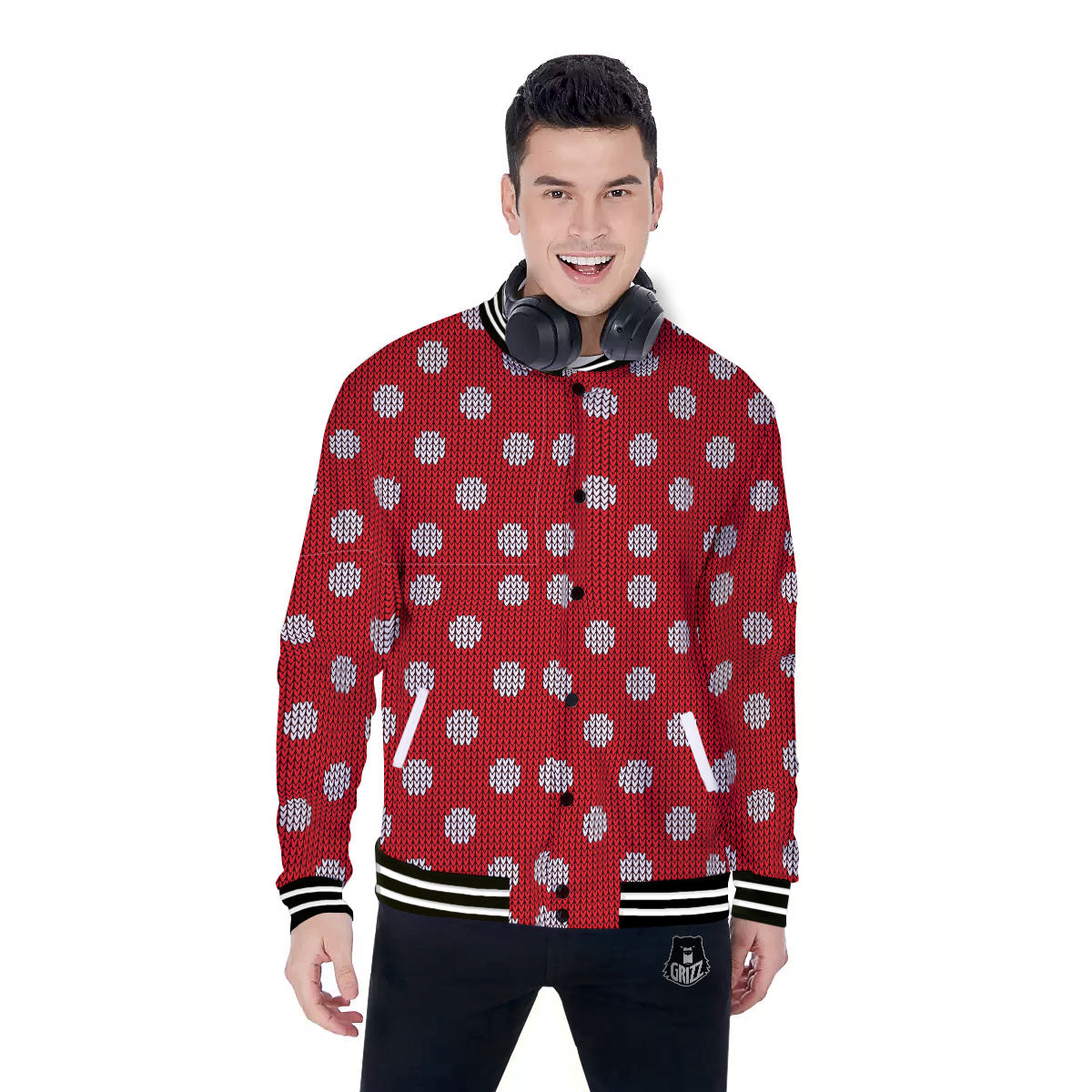 Knitted Polka Dot Print Pattern Baseball Jacket-grizzshop