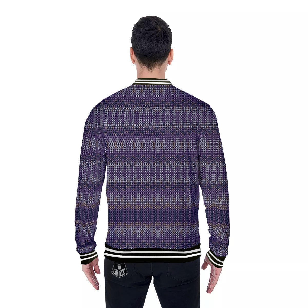 Knitted Ribbon Purple Print Pattern Baseball Jacket-grizzshop