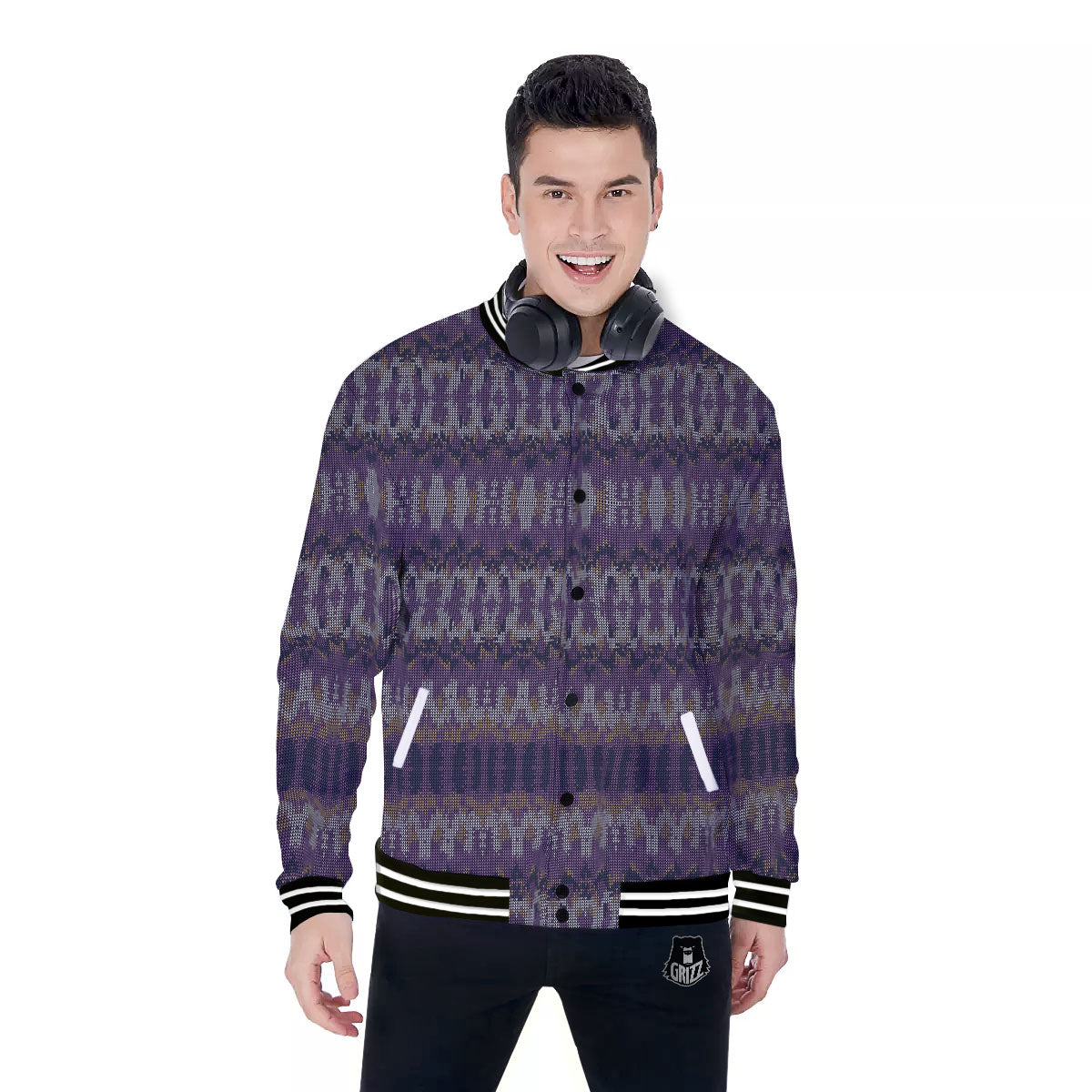 Knitted Ribbon Purple Print Pattern Baseball Jacket-grizzshop