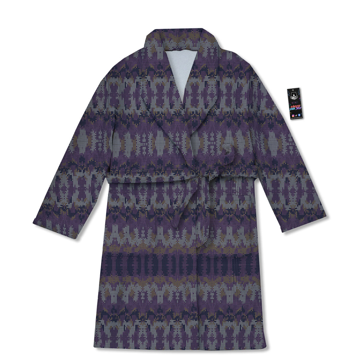 Knitted Ribbon Purple Print Pattern Bathrobe-grizzshop