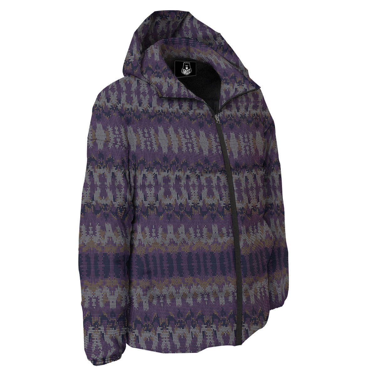 Knitted Ribbon Purple Print Pattern Down Jacket-grizzshop