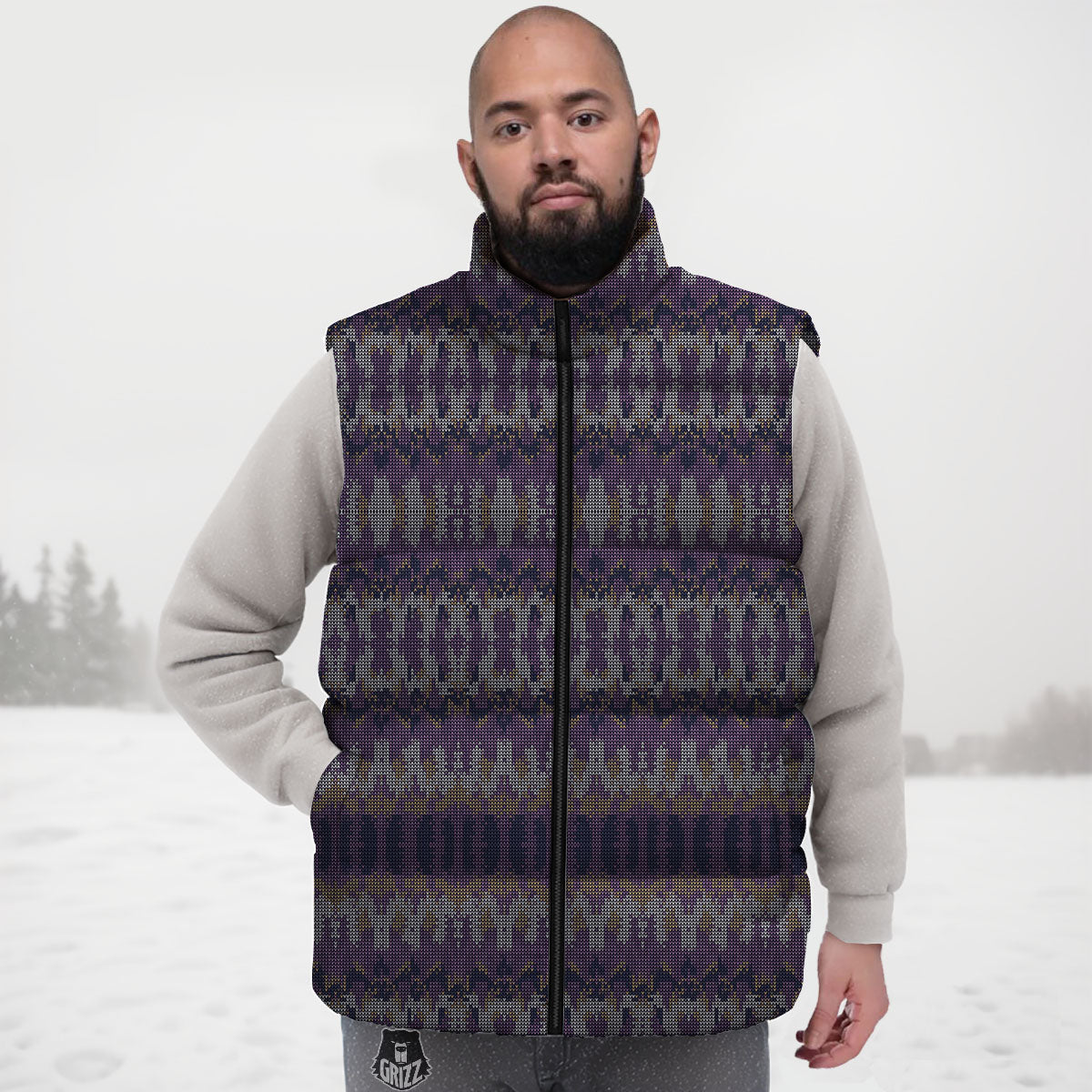 Knitted Ribbon Purple Print Pattern Down Vest
