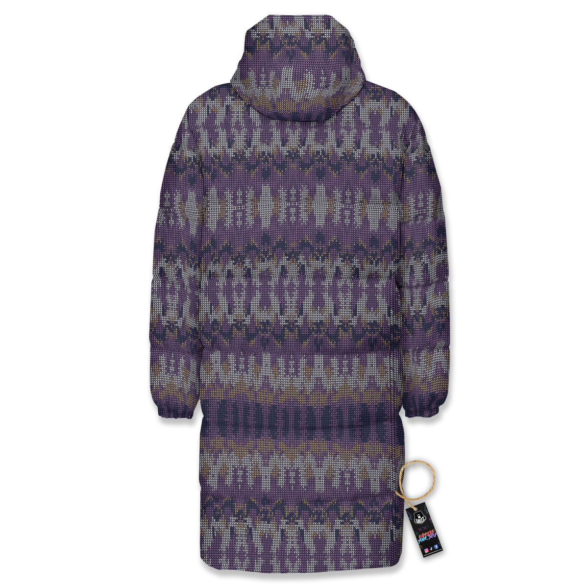 Knitted Ribbon Purple Print Pattern Long Down Jacket-grizzshop