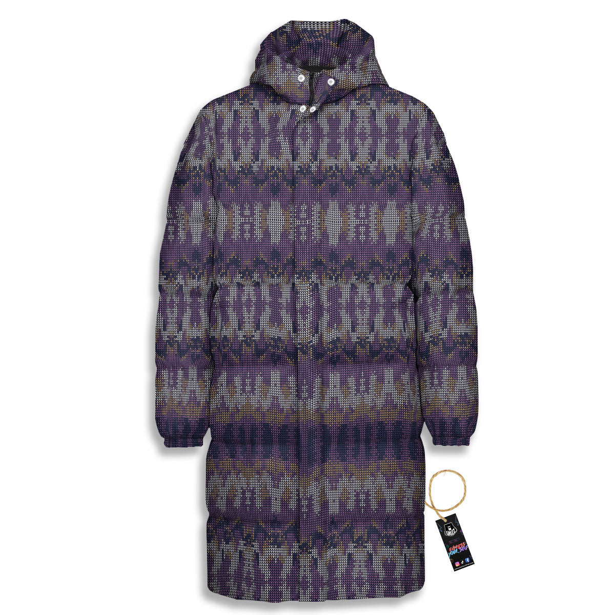 Knitted Ribbon Purple Print Pattern Long Down Jacket-grizzshop