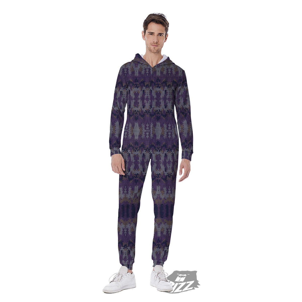 Knitted Ribbon Purple Print Pattern Men's Jumpsuit-grizzshop