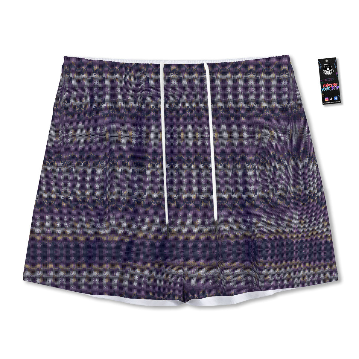 Knitted Ribbon Purple Print Pattern Mesh Shorts