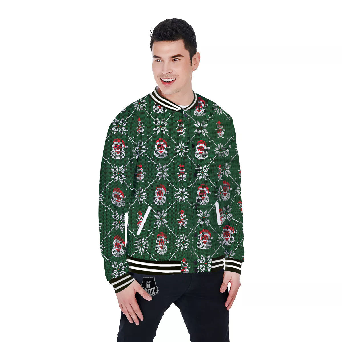 Knitted Santa Claus Print Pattern Baseball Jacket-grizzshop