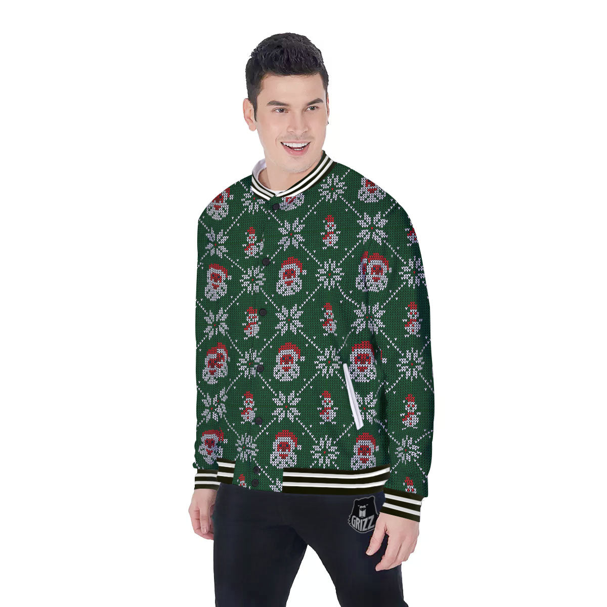 Knitted Santa Claus Print Pattern Baseball Jacket-grizzshop