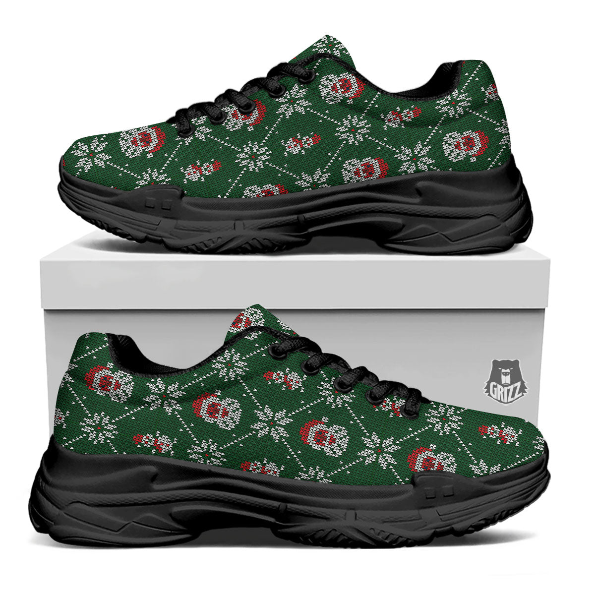 Knitted Santa Claus Print Pattern Black Chunky Shoes-grizzshop