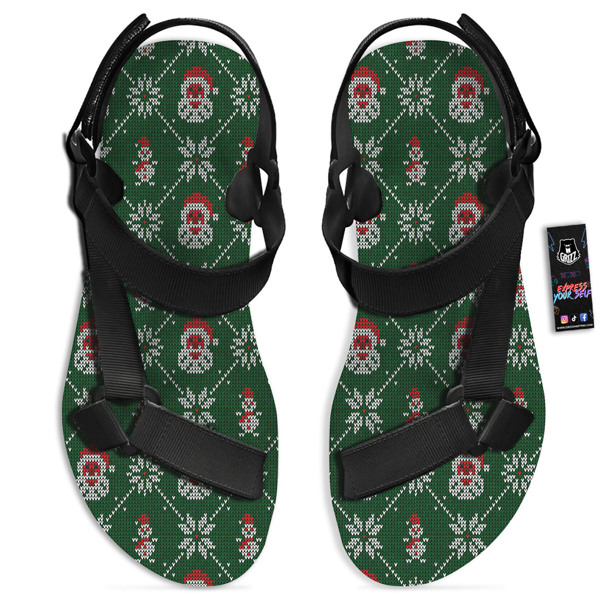 Knitted Santa Claus Print Pattern Black Open Toe Sandals-grizzshop