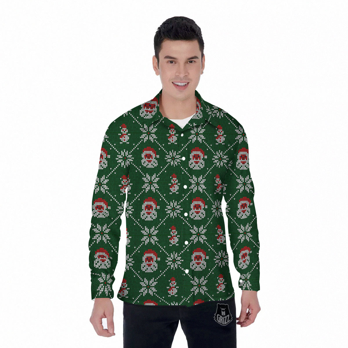 Knitted Santa Claus Print Pattern Men's Long Sleeve Shirts-grizzshop