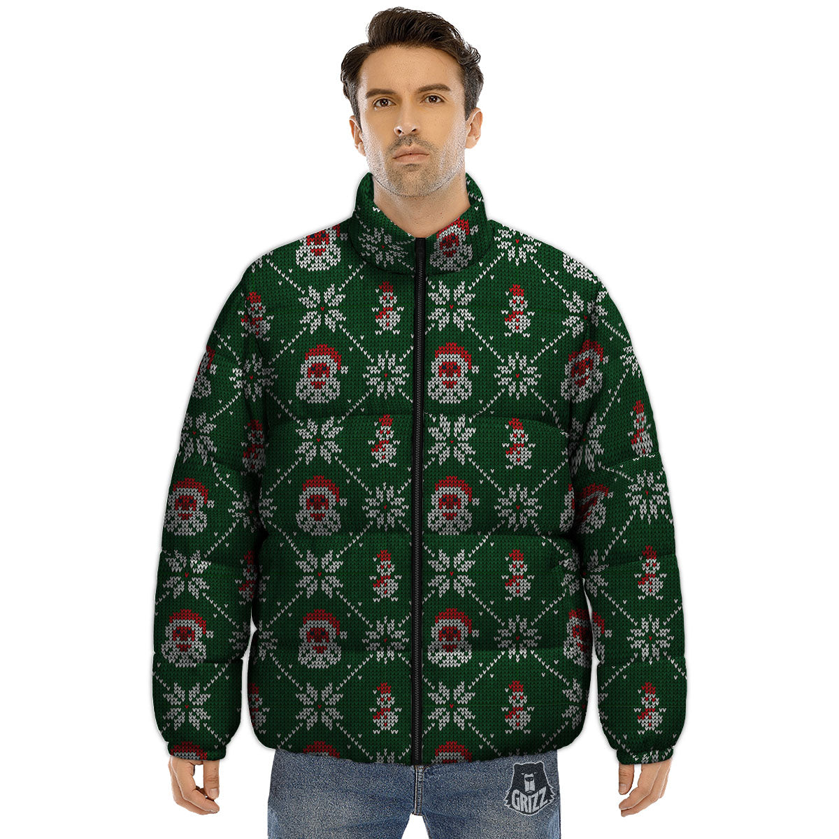 Knitted Santa Claus Print Pattern Puffer Jacket-grizzshop