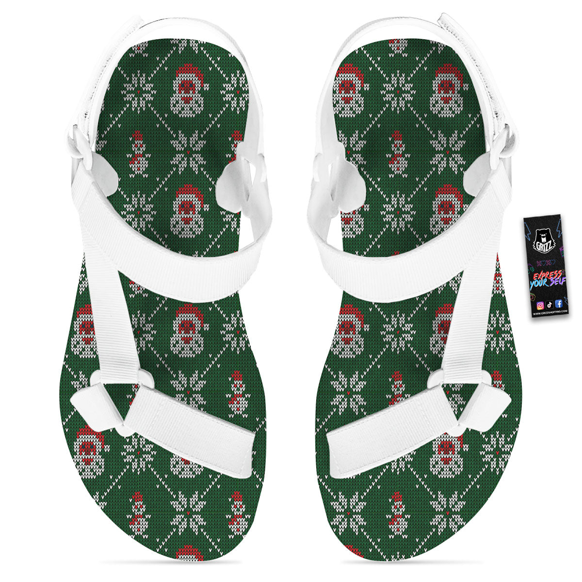 Knitted Santa Claus Print Pattern White Open Toe Sandals-grizzshop