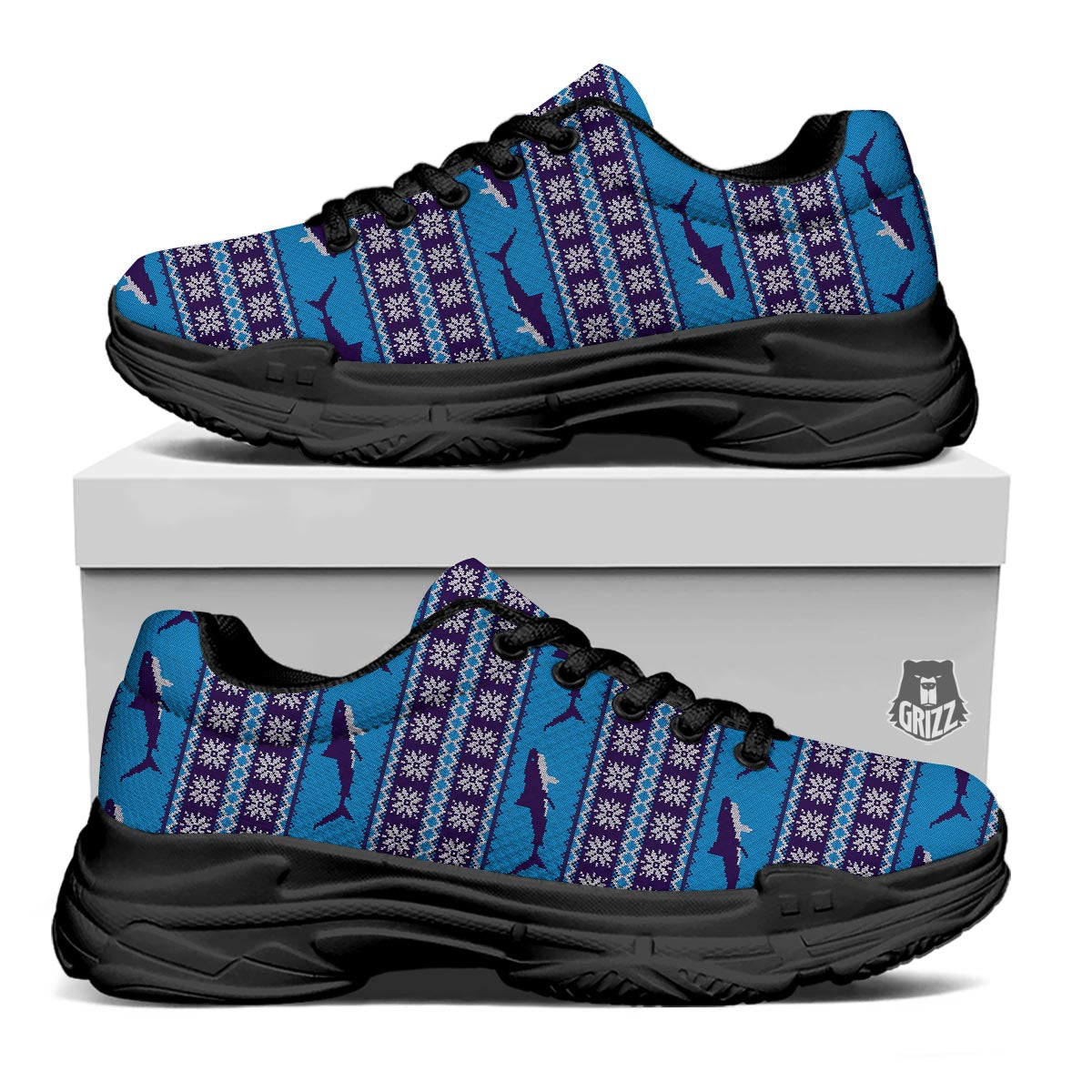 Knitted Shark Print Pattern Black Chunky Shoes-grizzshop