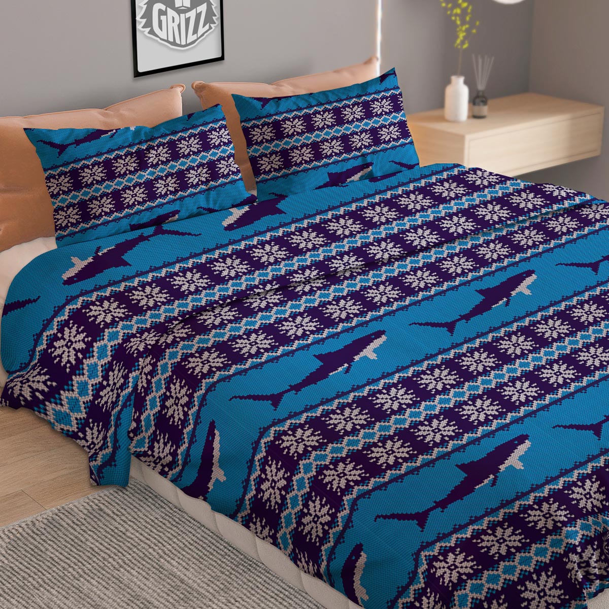 Knitted Turquoise Print Pattern Duvet Cover Bedding Set