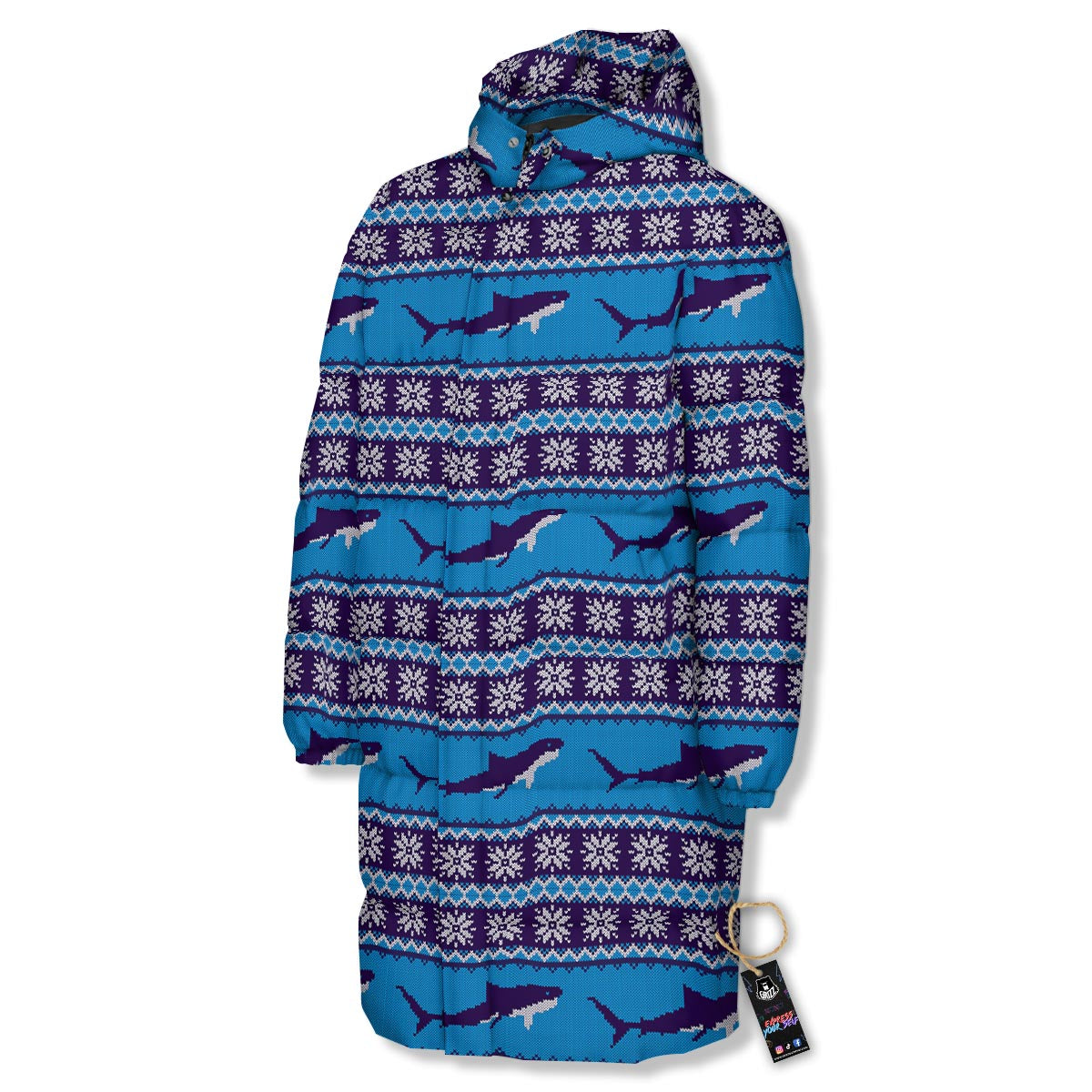 Knitted Shark Print Pattern Long Down Jacket-grizzshop