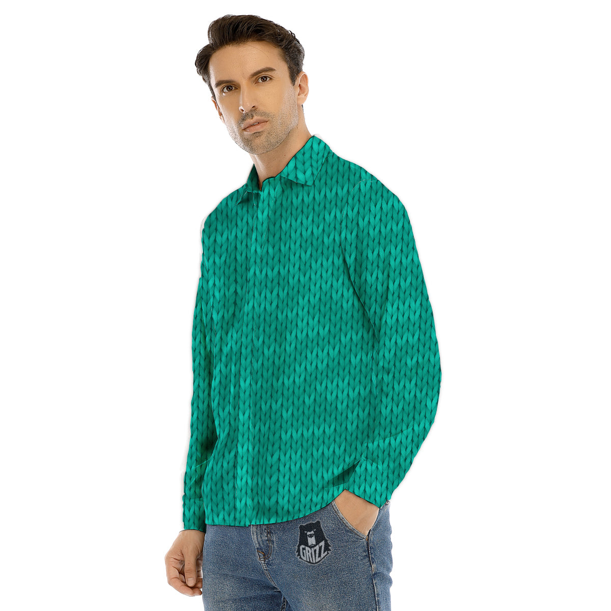 Knitted Shark Print Pattern Men's Dress Shirts-grizzshop
