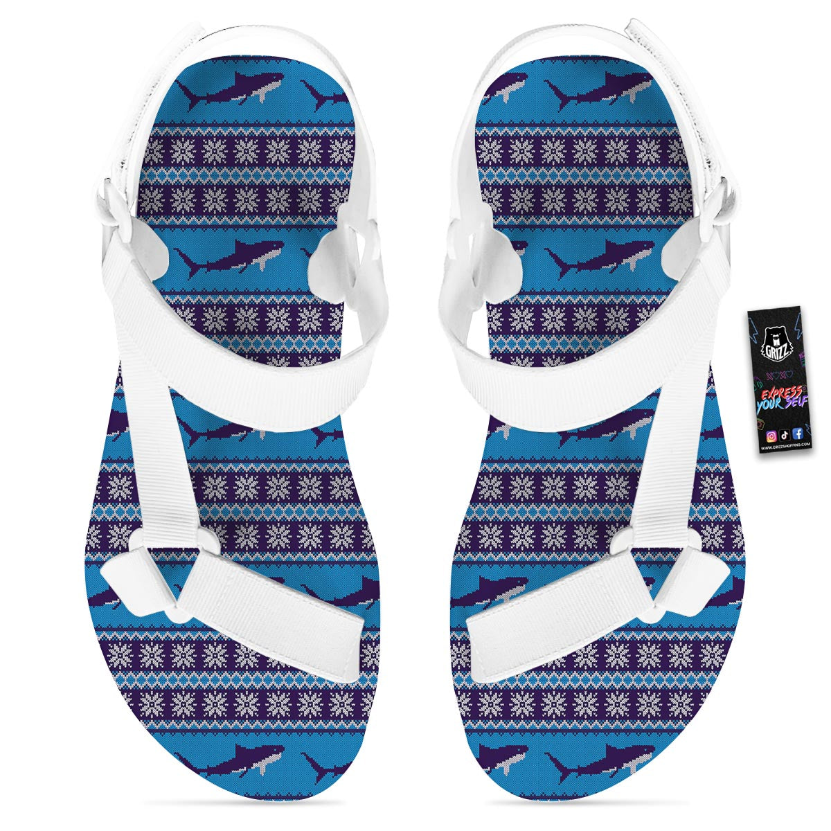 Knitted Shark Print Pattern White Open Toe Sandals-grizzshop