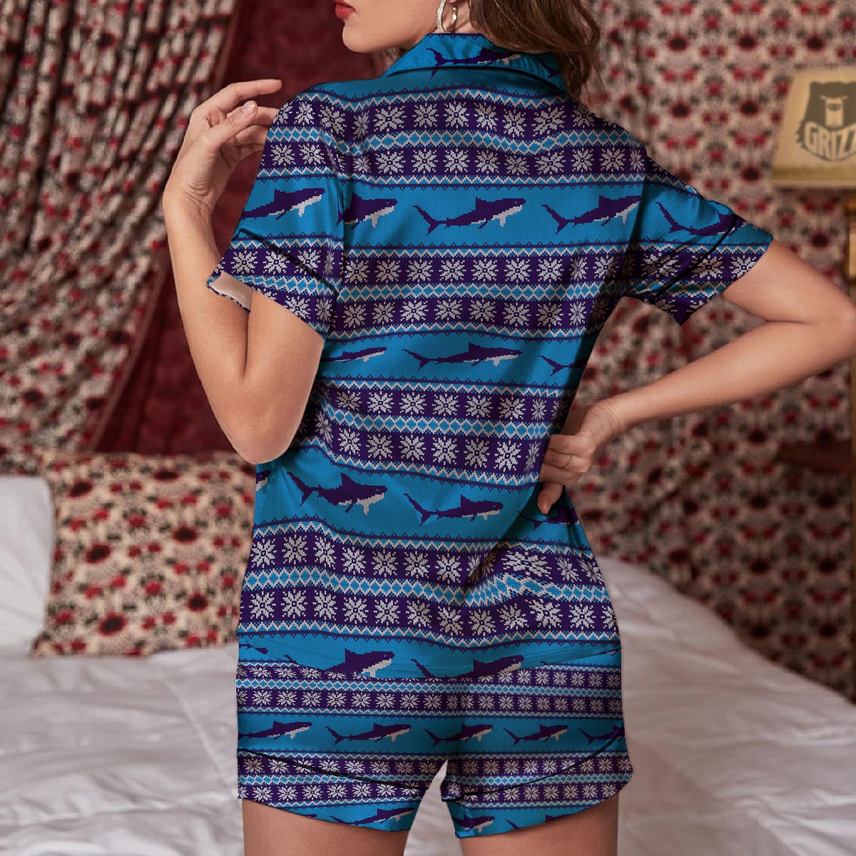 Knitted Shark Print Pattern Women Silk Pajamas-grizzshop