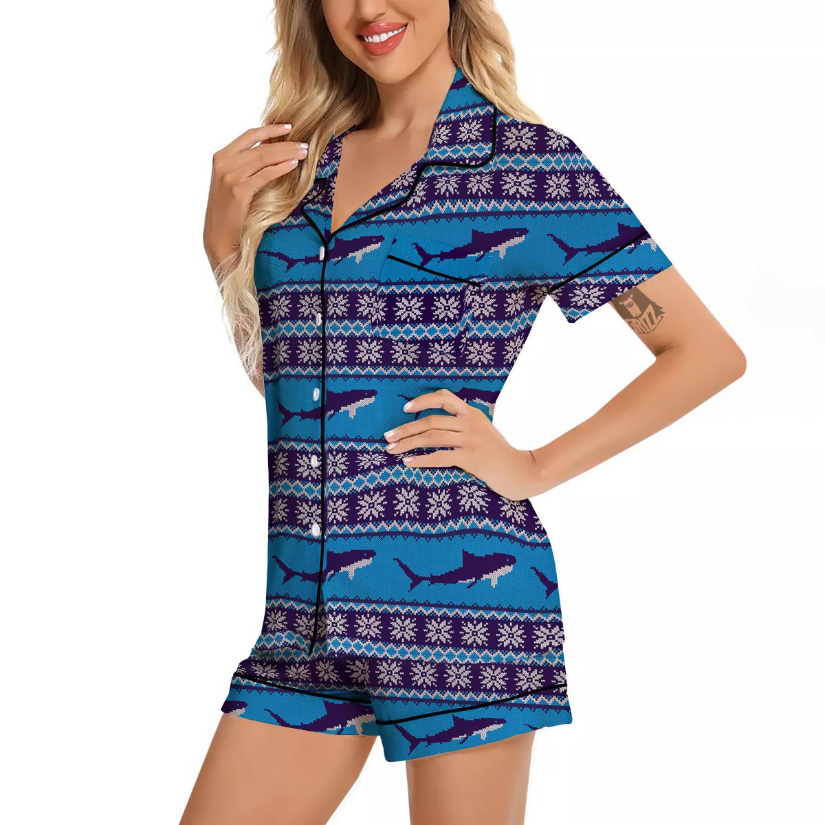 Knitted Shark Print Pattern Women Silk Pajamas-grizzshop