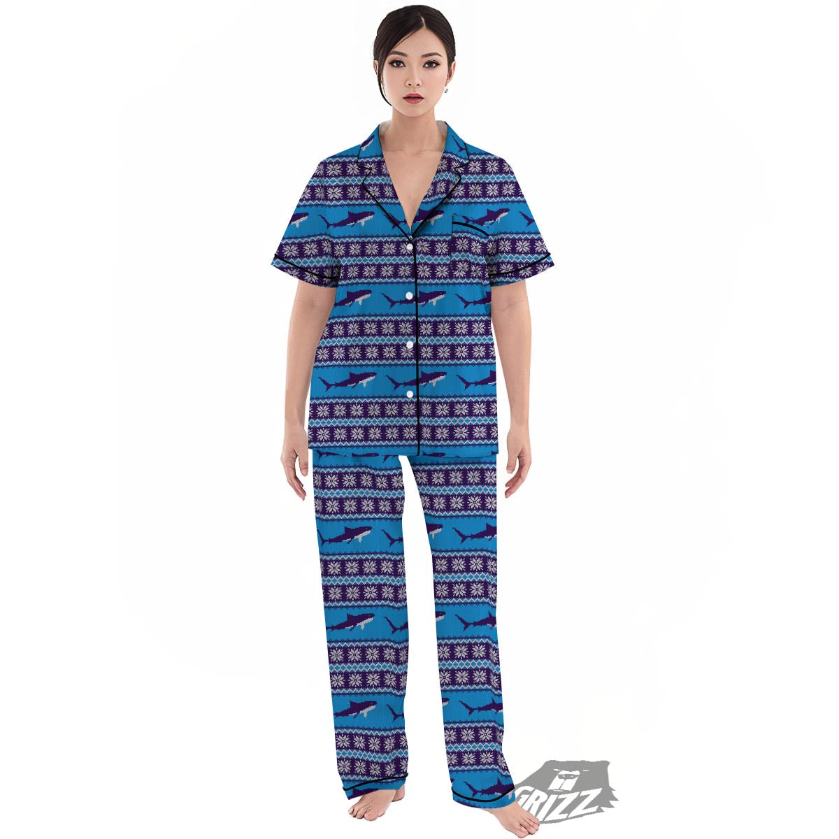 Knitted Shark Print Pattern Women's Pajamas Set-grizzshop