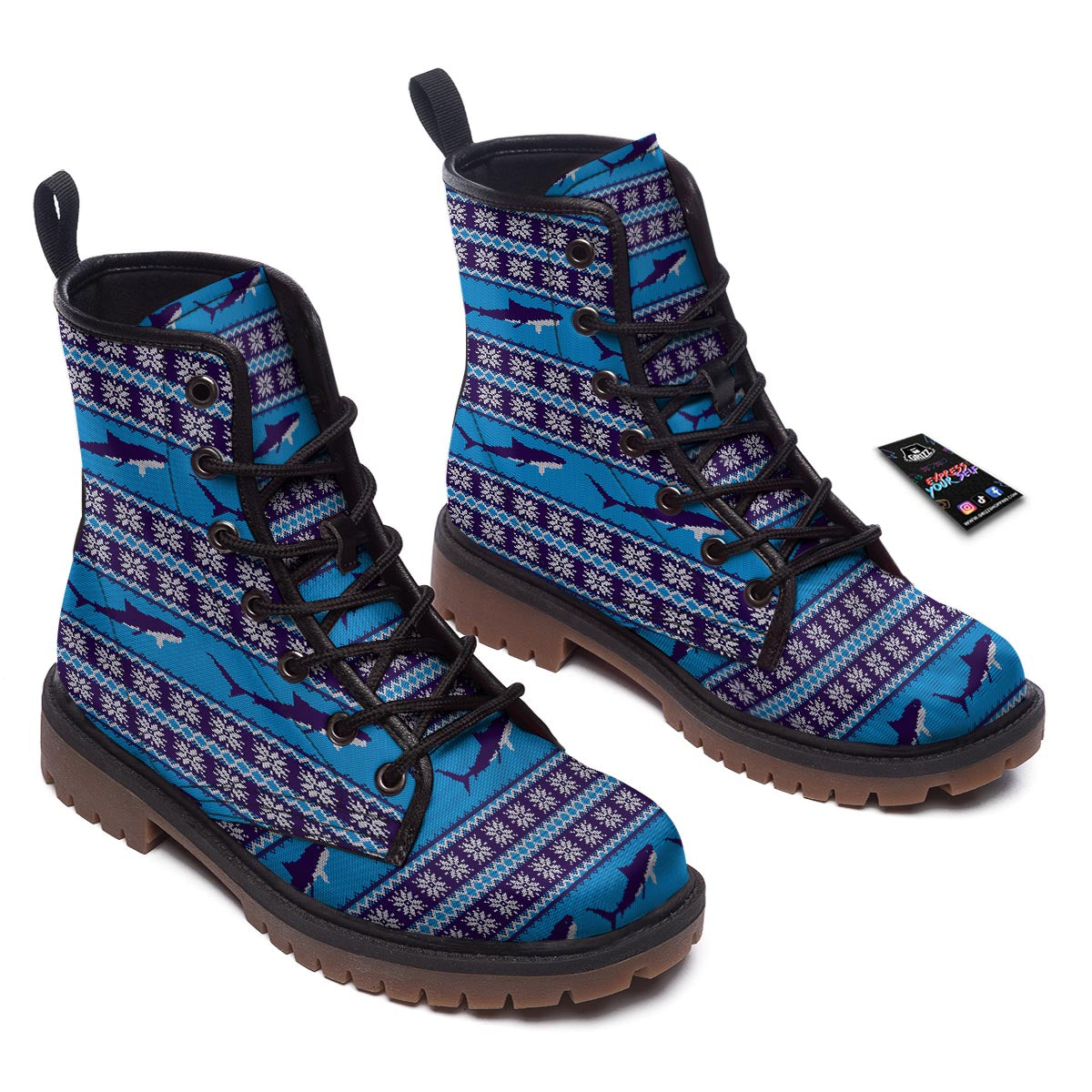 Knitted Shark Print Pattern Work Boots-grizzshop