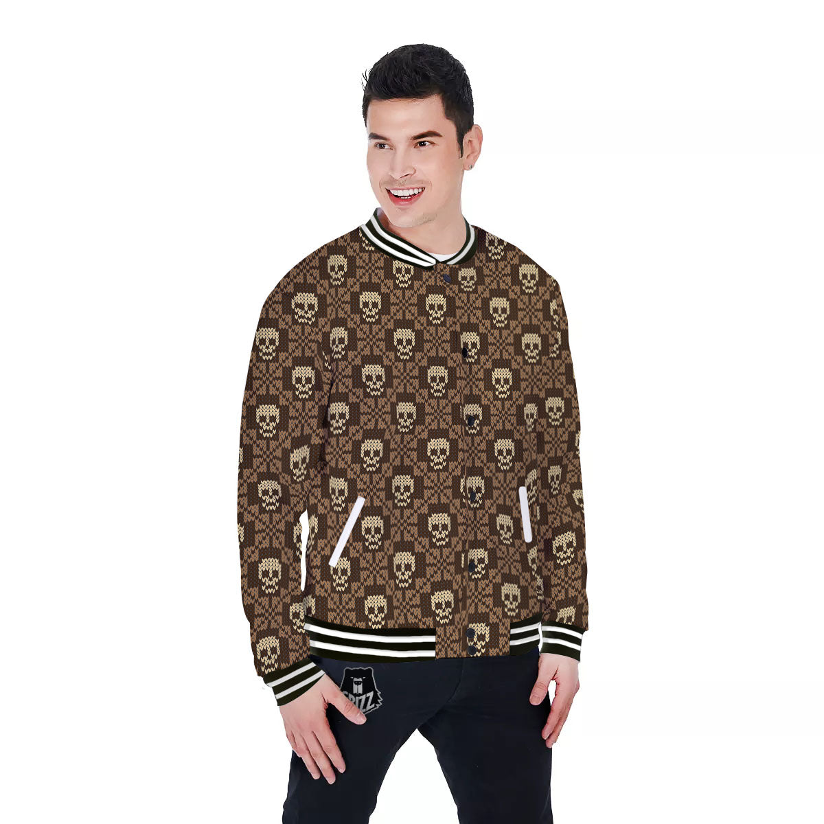 Knitted Skull Print Pattern Baseball Jacket-grizzshop