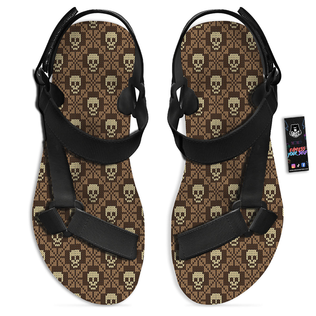 Knitted Skull Print Pattern Black Open Toe Sandals-grizzshop