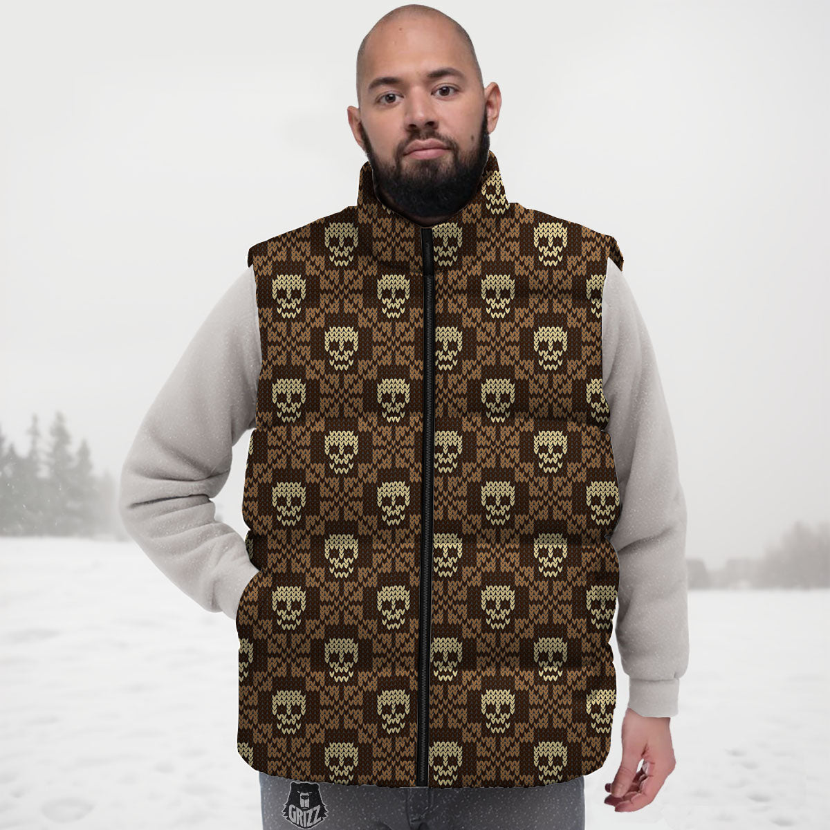 Knitted Skull Print Pattern Down Vest