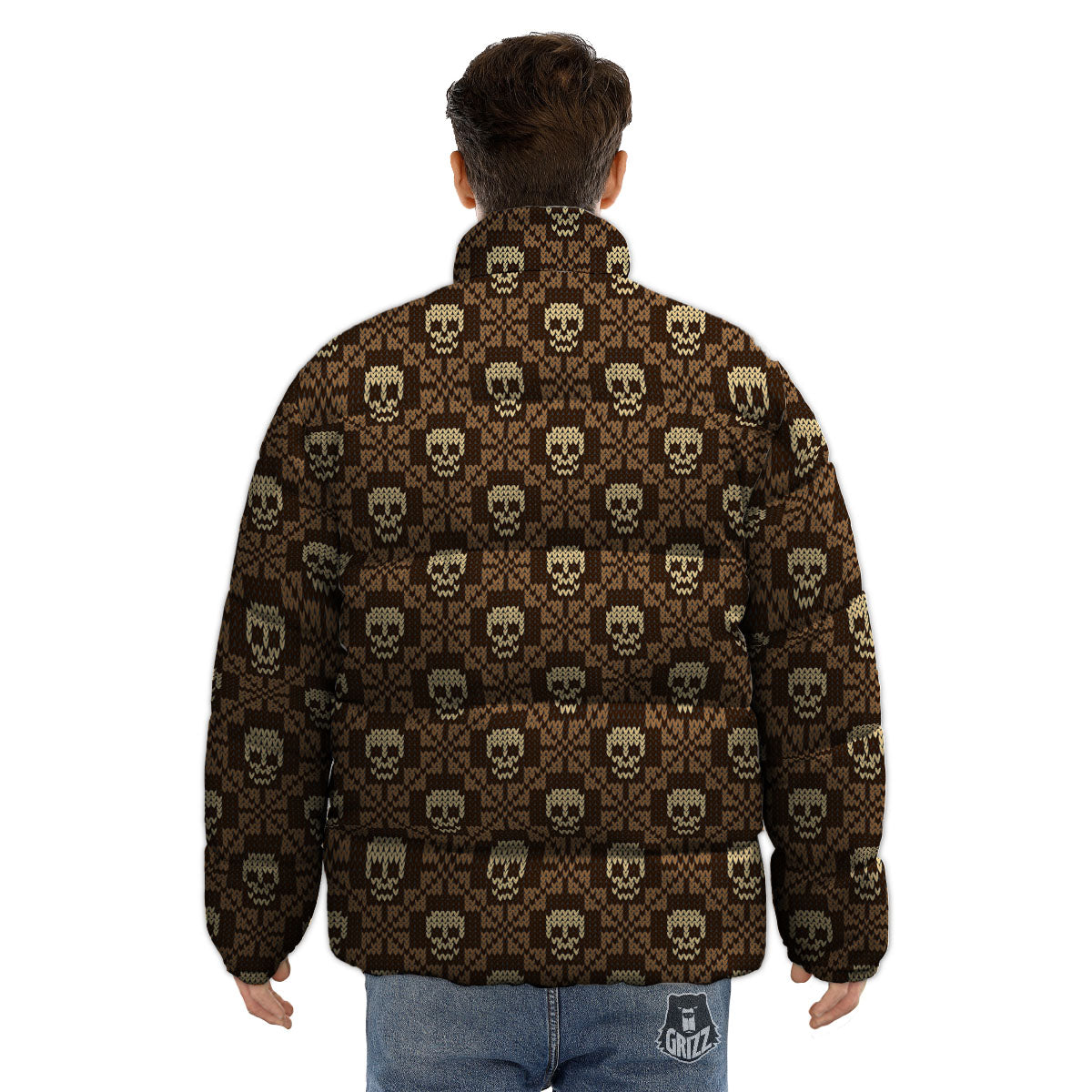 Knitted Skull Print Pattern Puffer Jacket-grizzshop