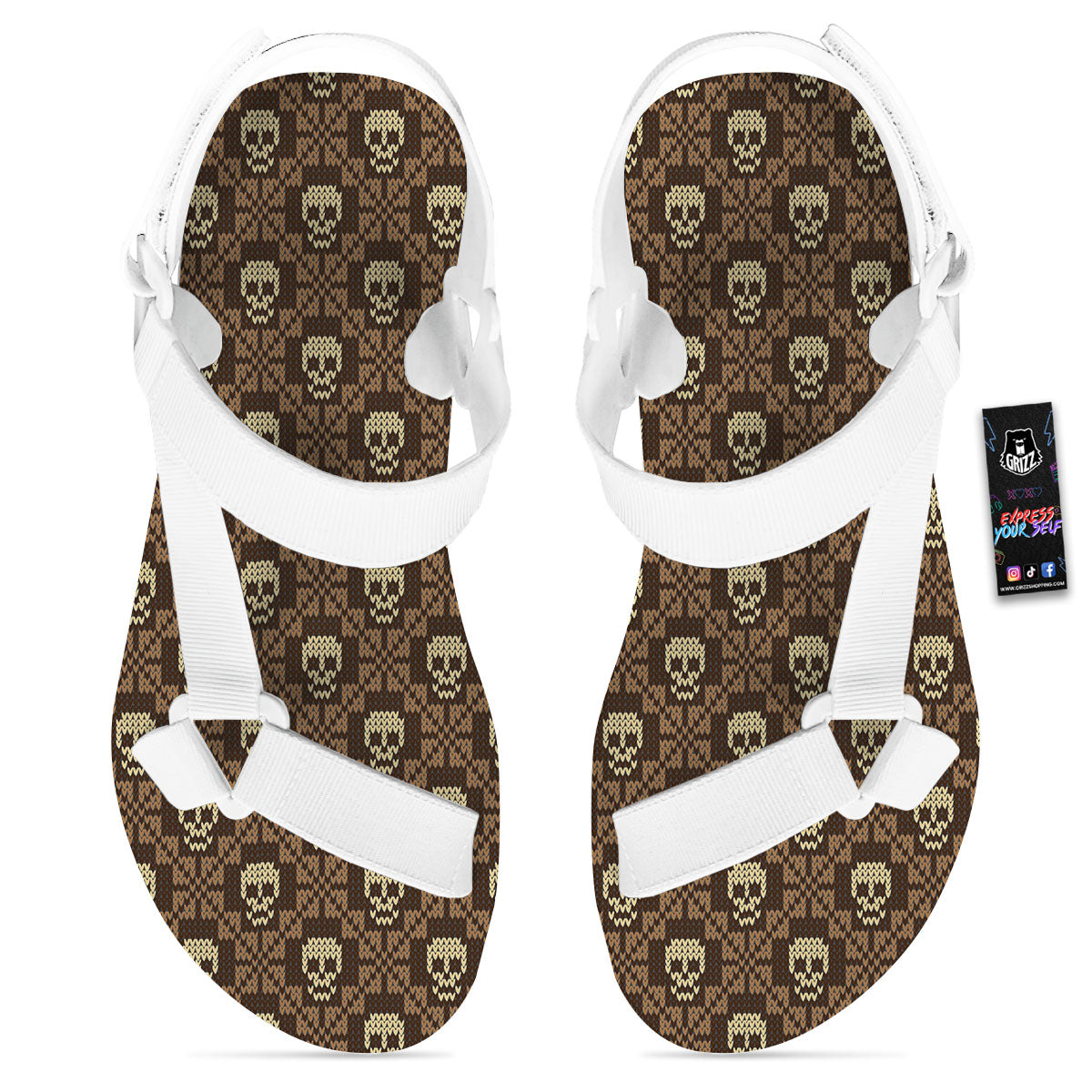 Knitted Skull Print Pattern White Open Toe Sandals-grizzshop