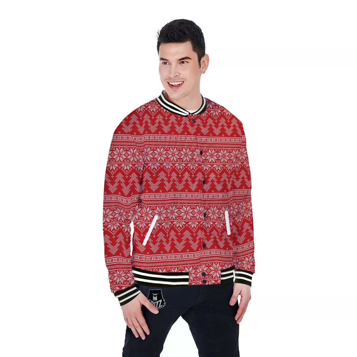 Knitted Snow Flower Print Pattern Baseball Jacket-grizzshop