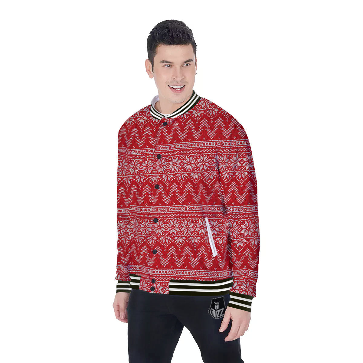 Knitted Snow Flower Print Pattern Baseball Jacket-grizzshop
