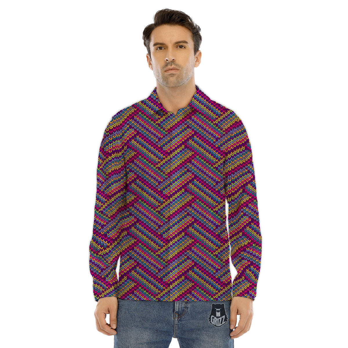 Knitted Snow Flower Print Pattern Men's Dress Shirts-grizzshop