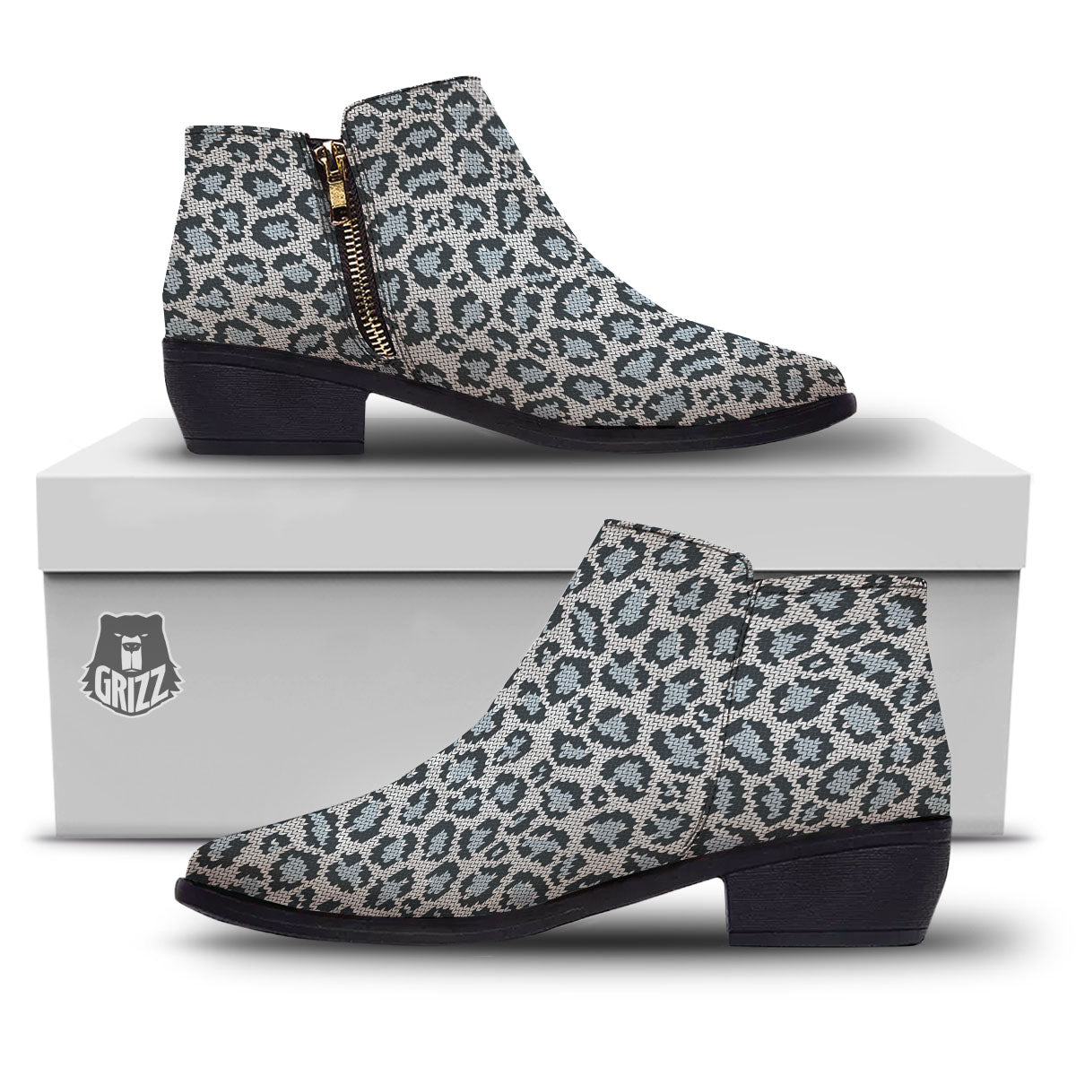 Knitted Snow Leopard Print Pattern Ankle Boots-grizzshop