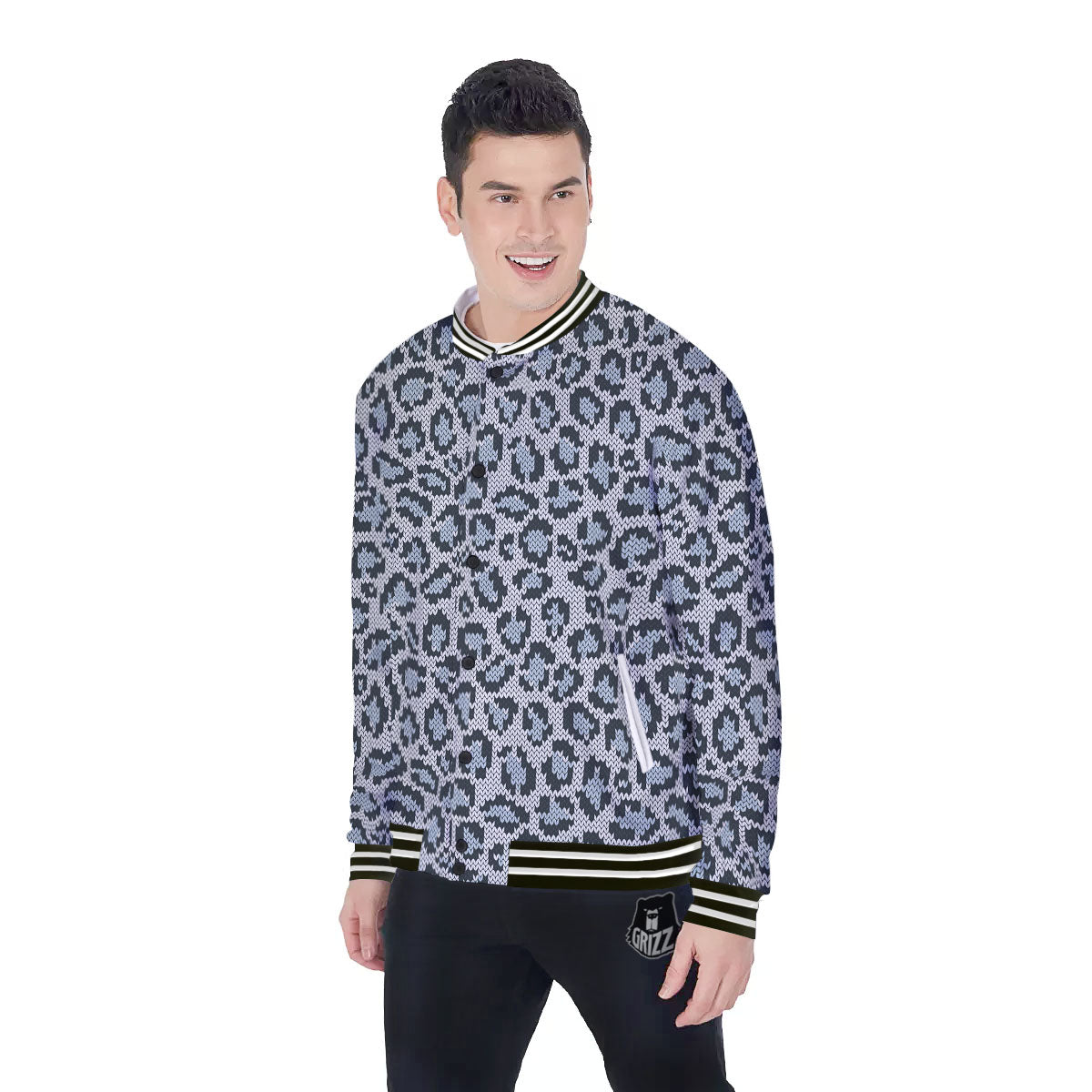 Knitted Snow Leopard Print Pattern Baseball Jacket-grizzshop