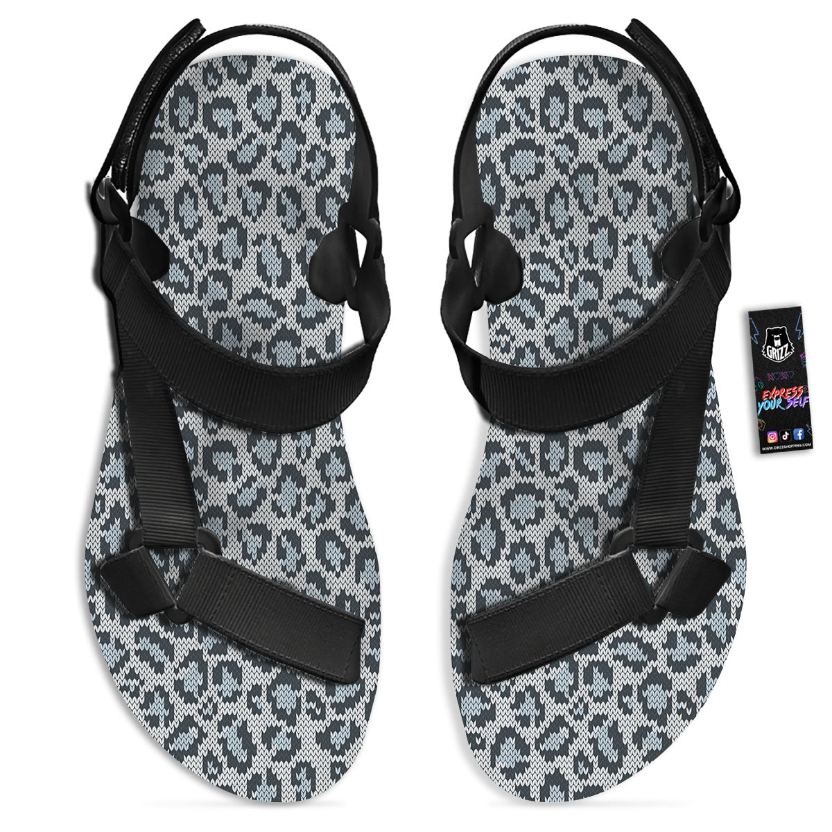 Knitted Snow Leopard Print Pattern Black Open Toe Sandals-grizzshop