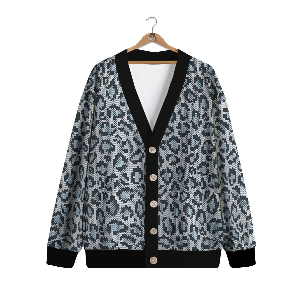 Knitted Snow Leopard Print Pattern Cardigan-grizzshop