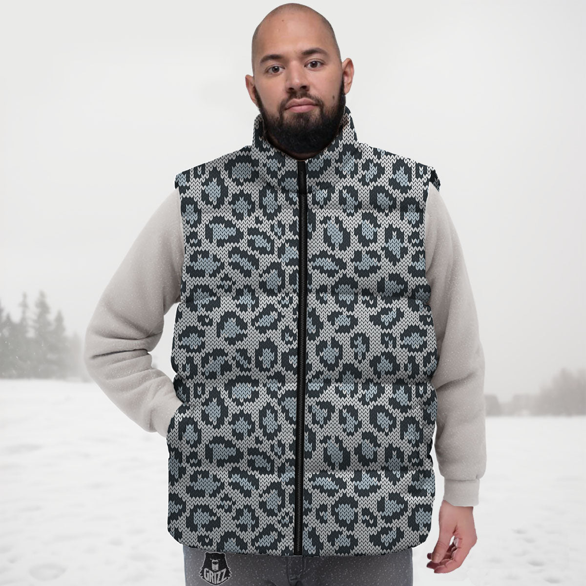 Knitted Snow Leopard Print Pattern Down Vest