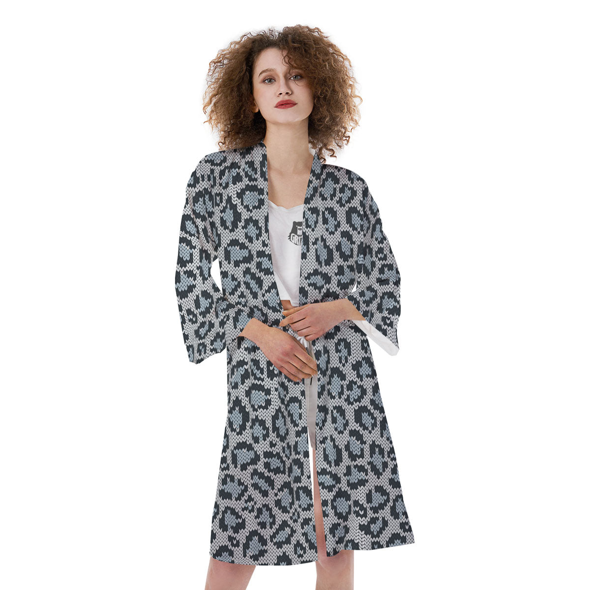 Knitted Snow Leopard Print Pattern Kimono-grizzshop