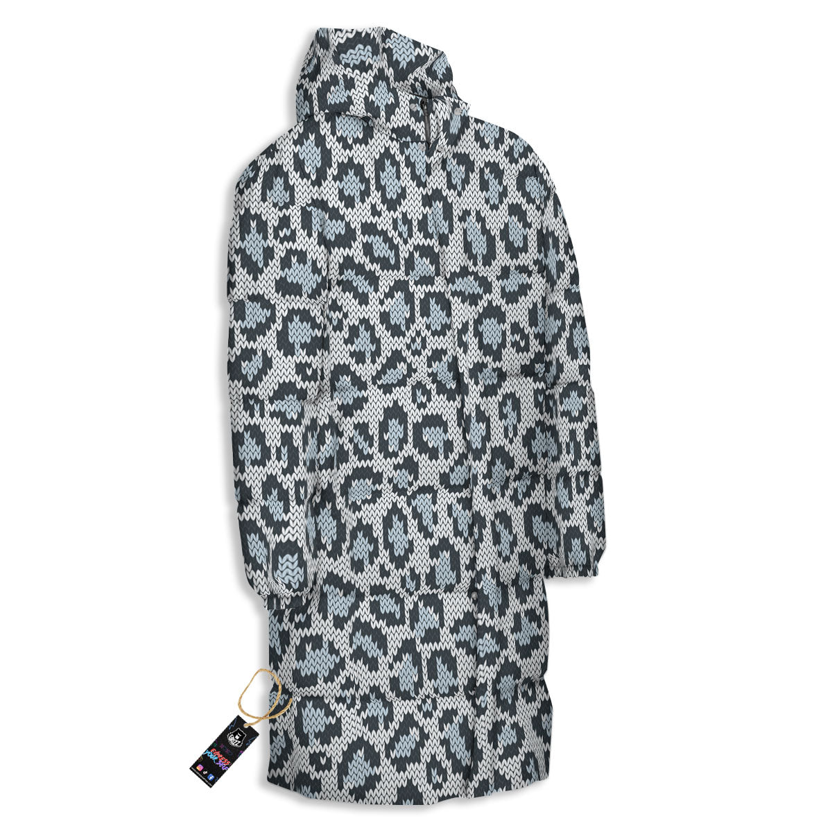 Knitted Snow Leopard Print Pattern Long Down Jacket-grizzshop