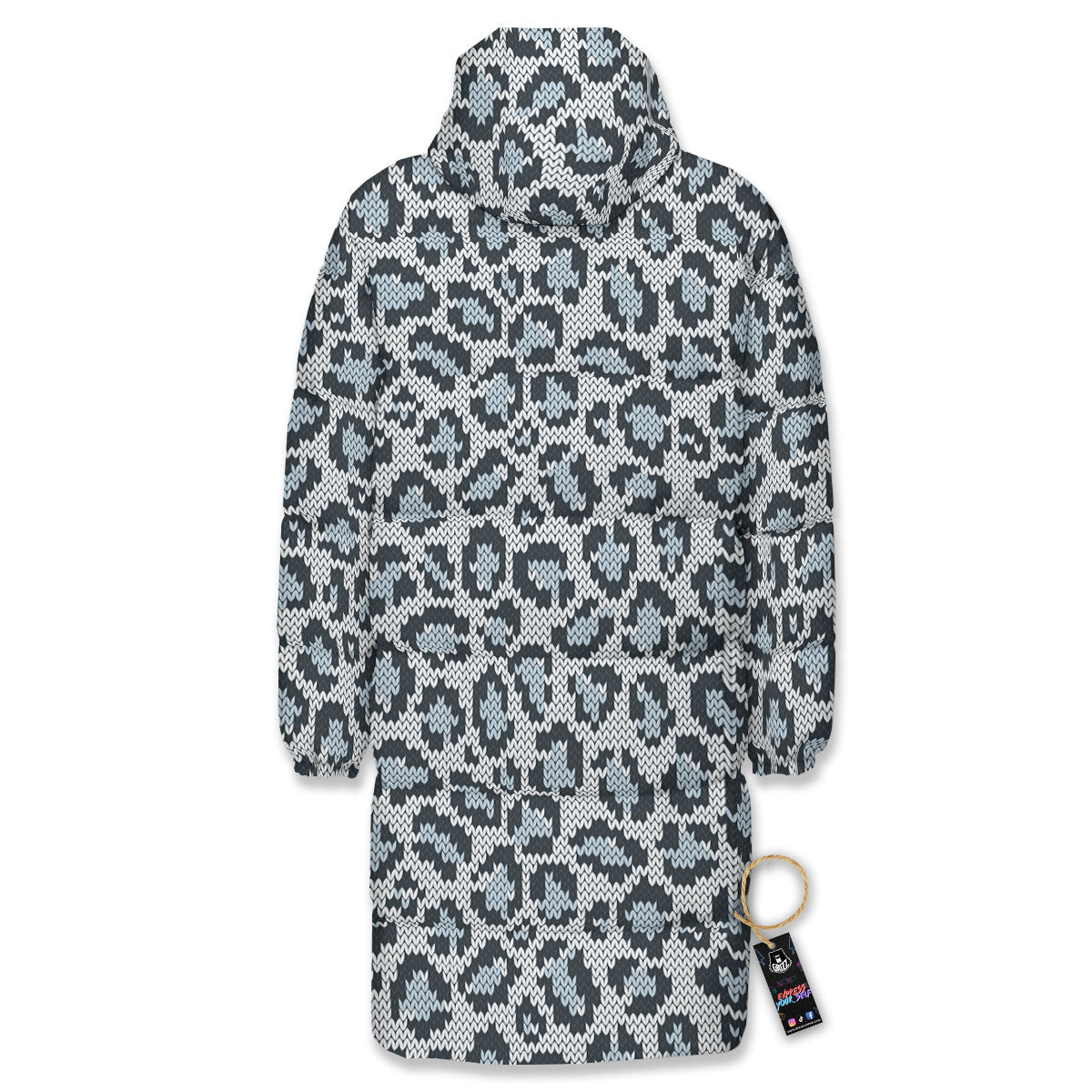 Knitted Snow Leopard Print Pattern Long Down Jacket-grizzshop