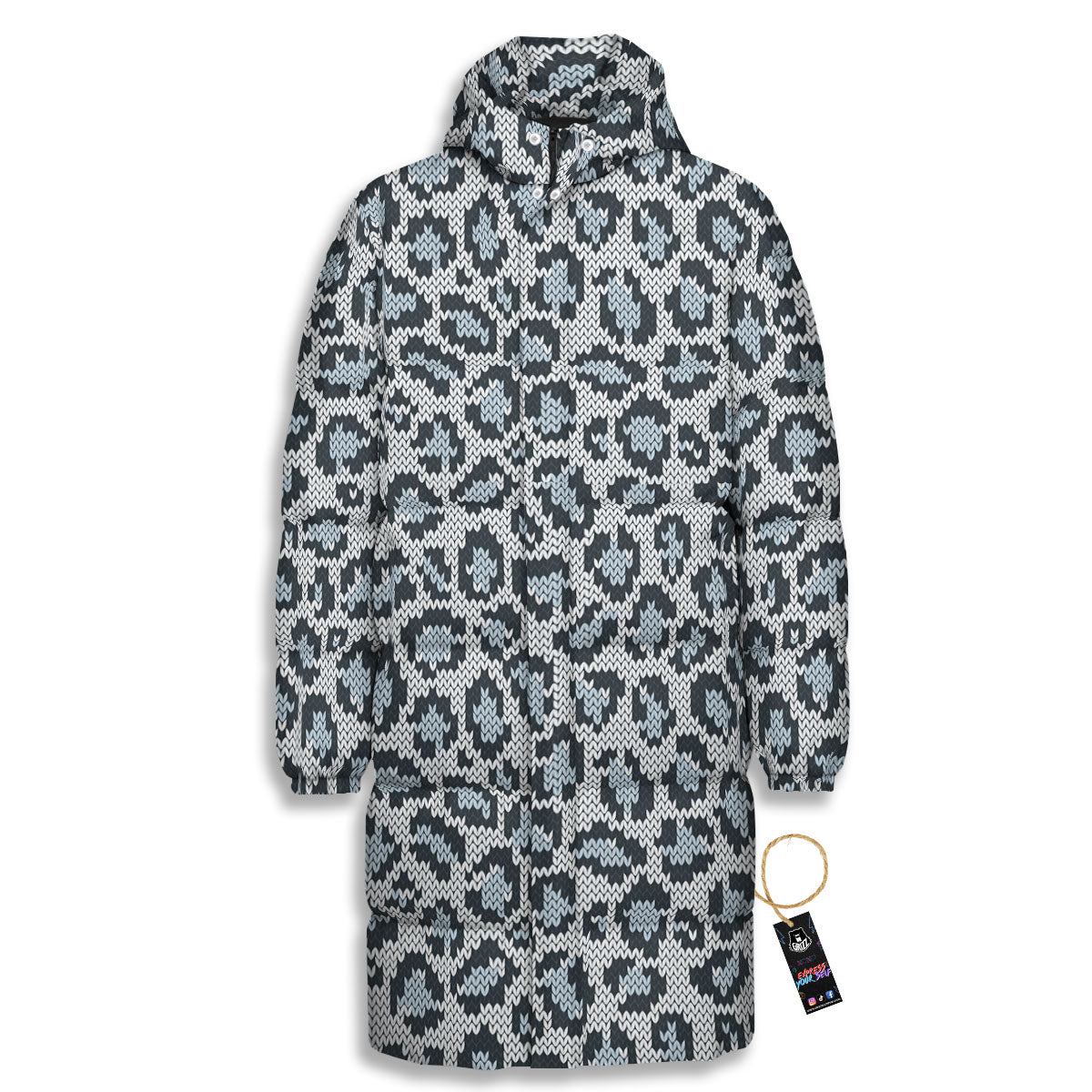 Knitted Snow Leopard Print Pattern Long Down Jacket-grizzshop