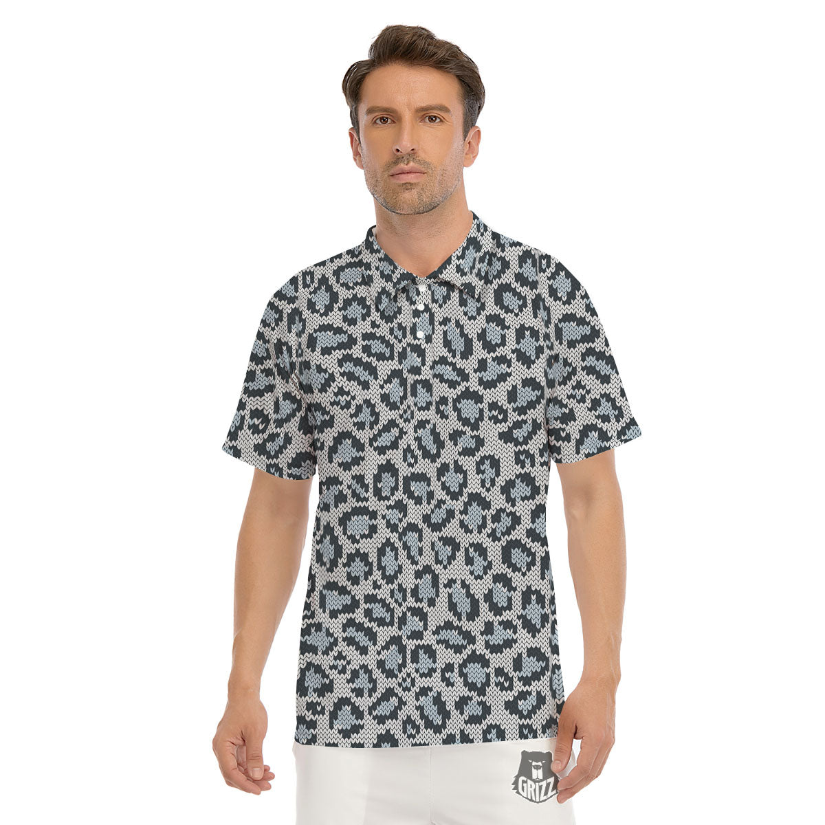 Knitted Snow Leopard Print Pattern Men's Golf Shirts-grizzshop